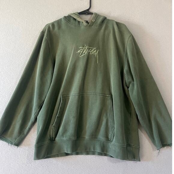 Stussy Sweatshirt Hoodie Medium Green Distressed Lounge Casual - Picture 1 of 6